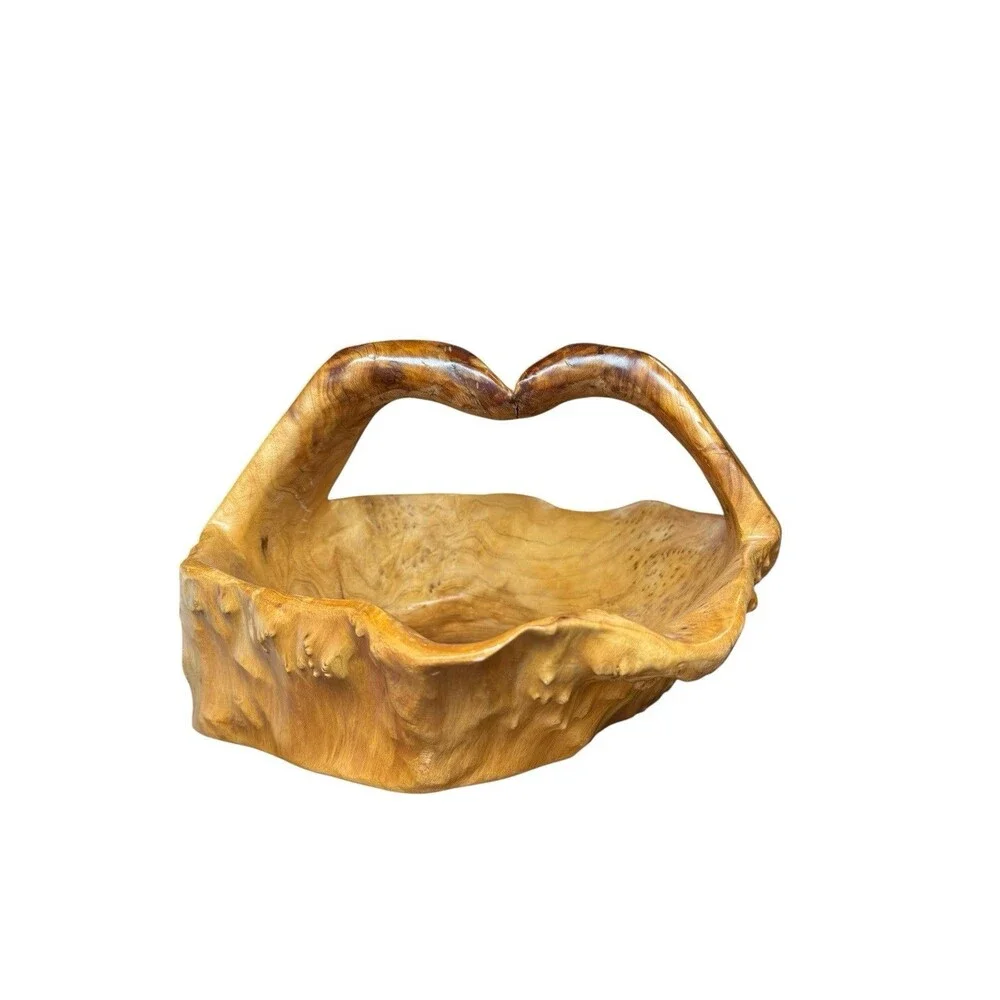 Hand Carved Burl Wood Tree Root Bowl Basket with Handle 13 in dia x 9 tall